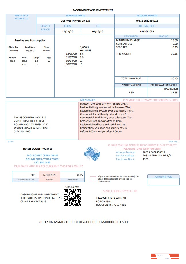 USA Texas Dasor Management and Investment utility bill template in Word nd PDF format